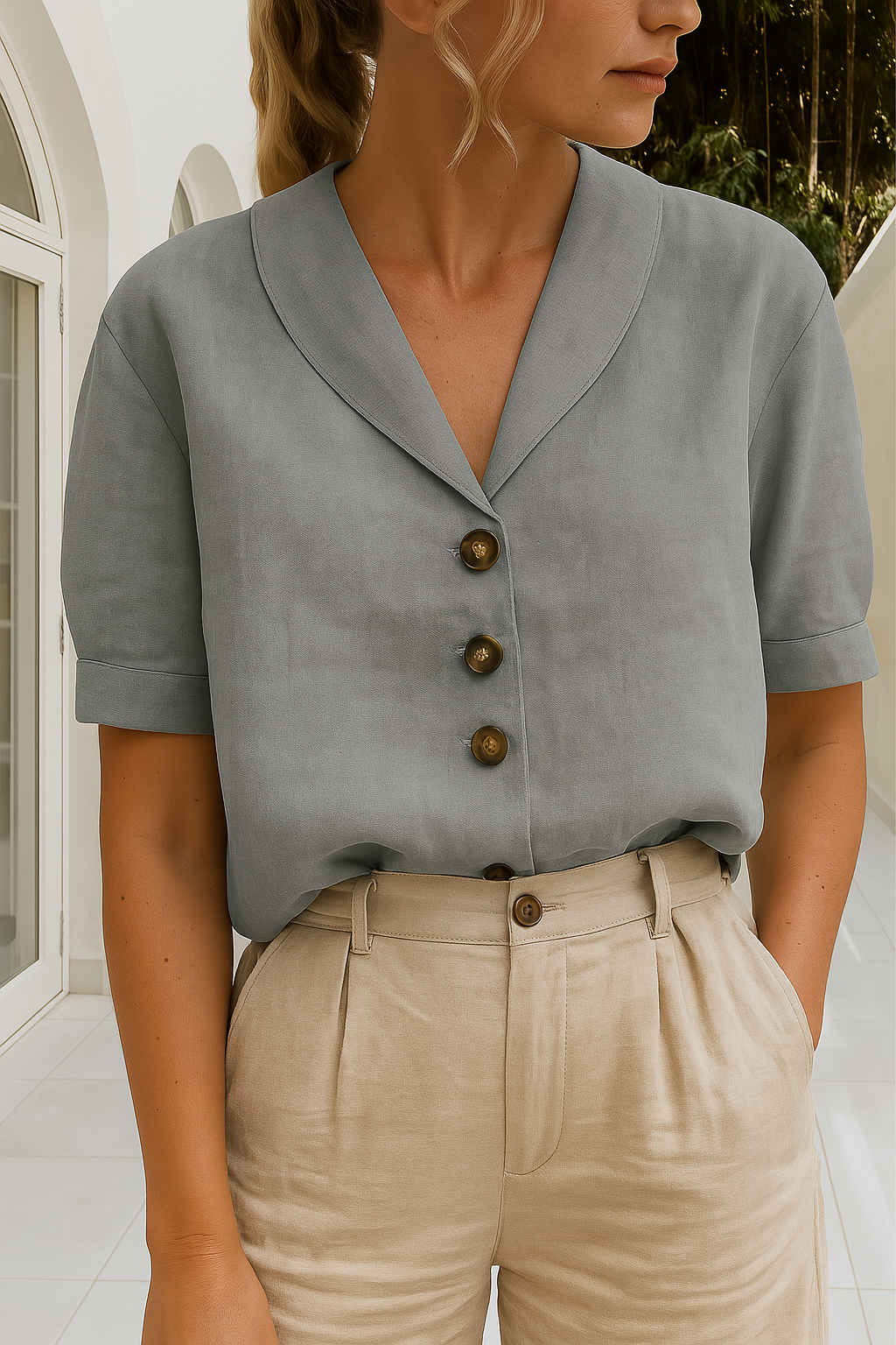 KROHN-E Damen Bluse Kurzarm Leichter Stoff Wickelausschnitt