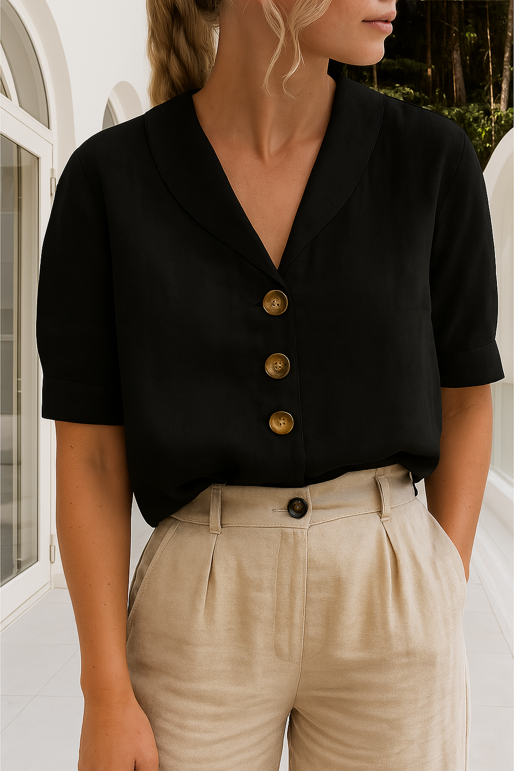 KROHN-E Damen Bluse Kurzarm Leichter Stoff Wickelausschnitt
