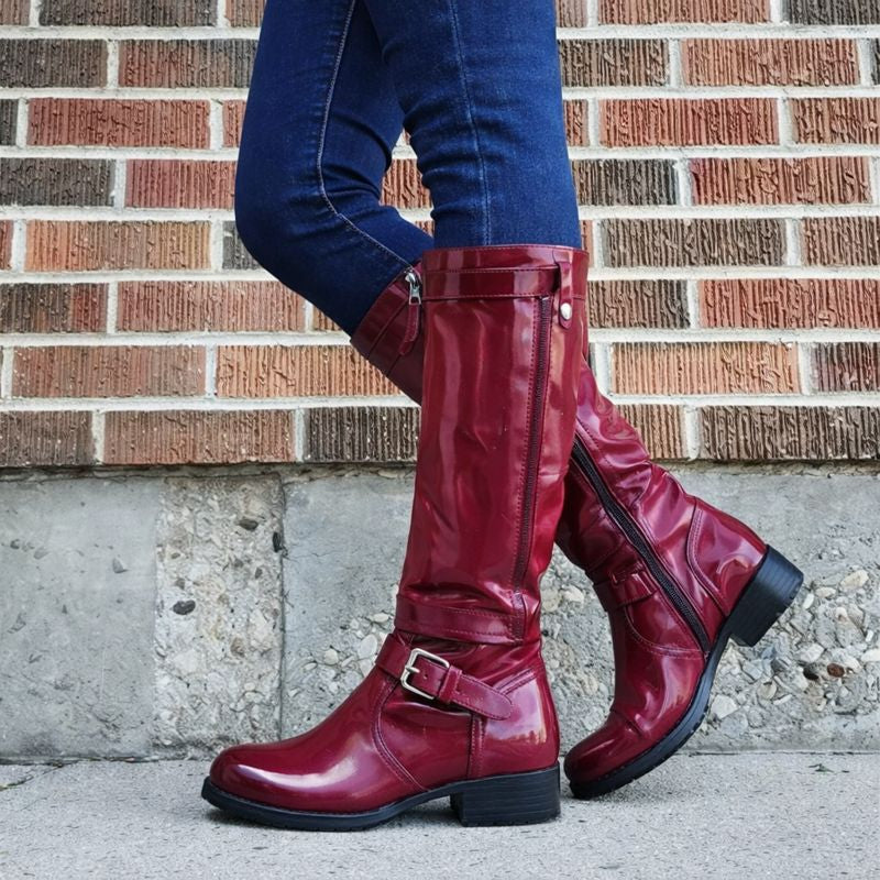 KROHN-E Damen Kniehohe Stiefel Schwarz Runde Spitze