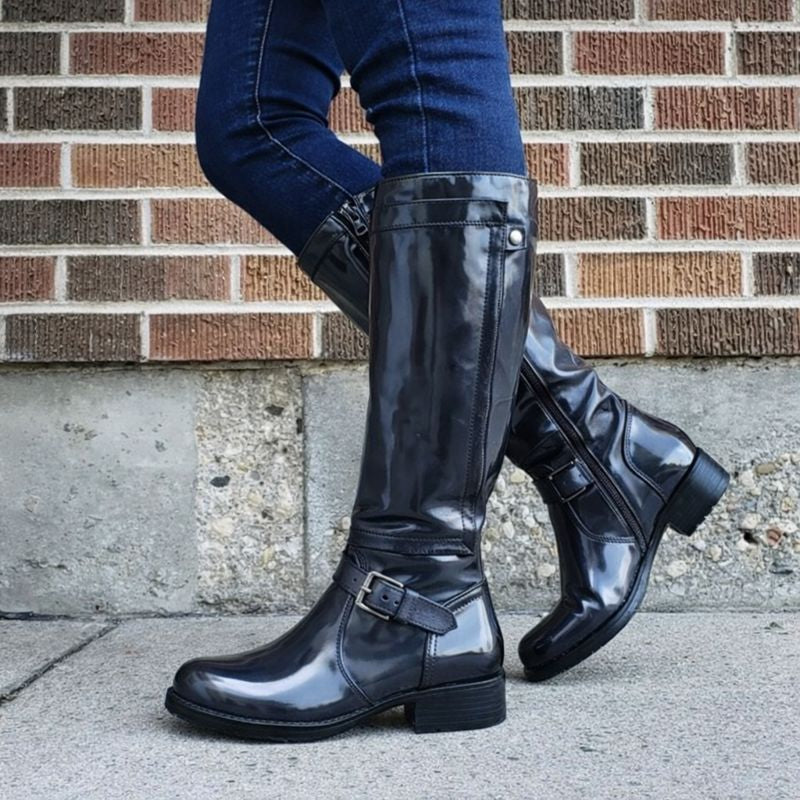 KROHN-E Damen Kniehohe Stiefel Runde Spitze Robuste Sohle Schwarz