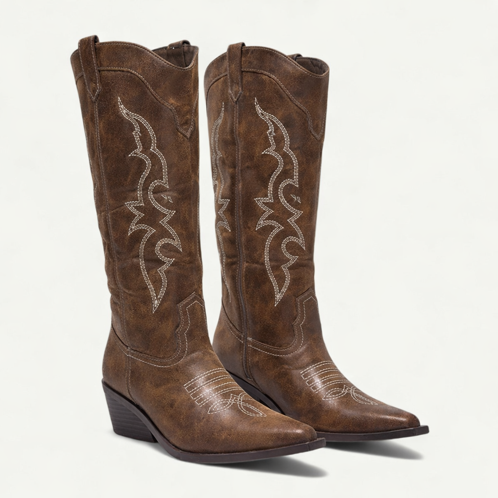 KROHN-E Damen Cowboy Stiefel wadenhoch spitze Zehen Leder Western