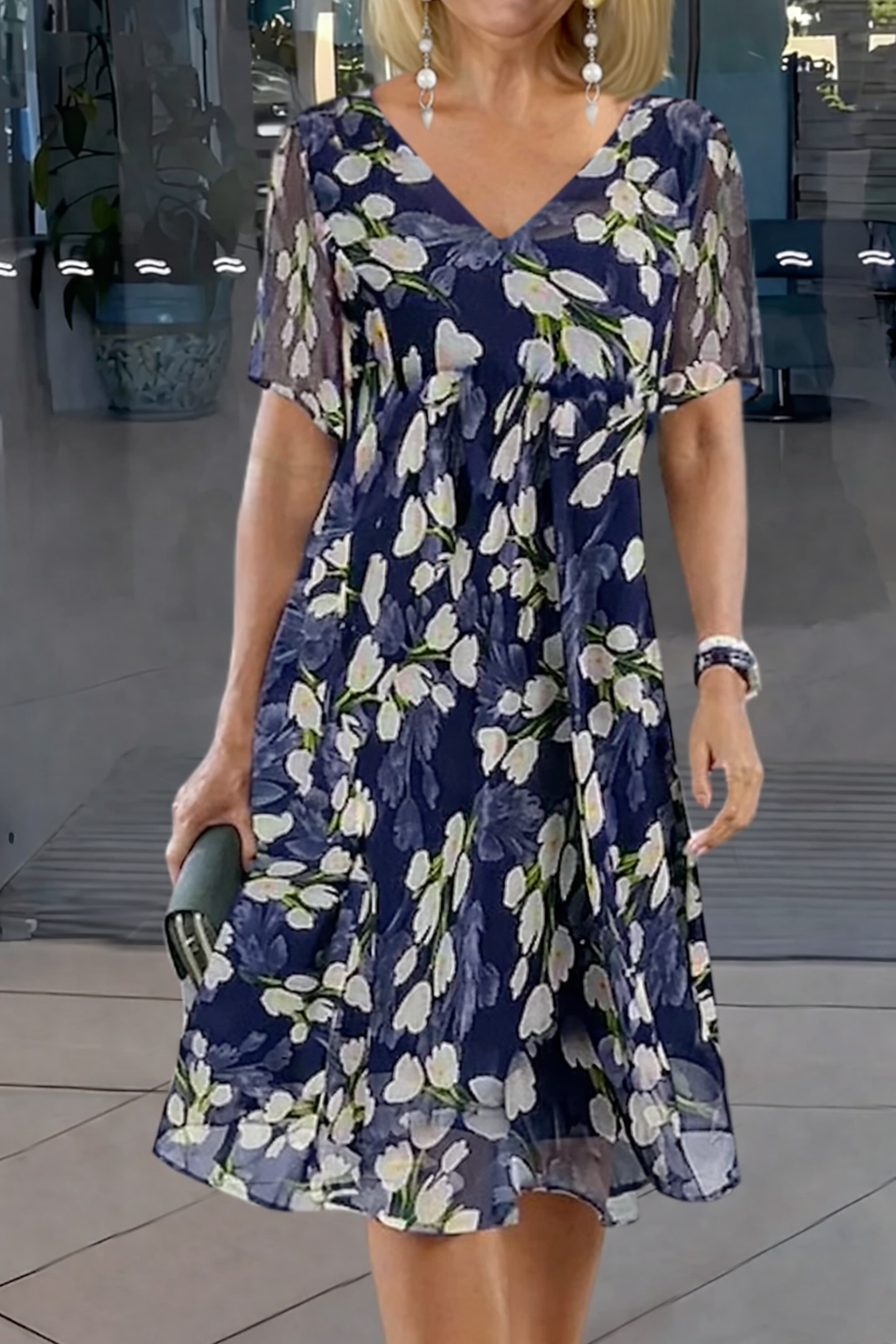 KROHN-E Damen Tunika-Kleid Blumenmuster A-Linie