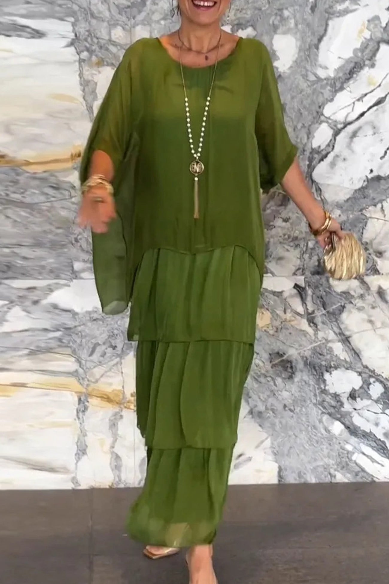 Fudus Batwing Sleeve Top and Layered Skirt Suit