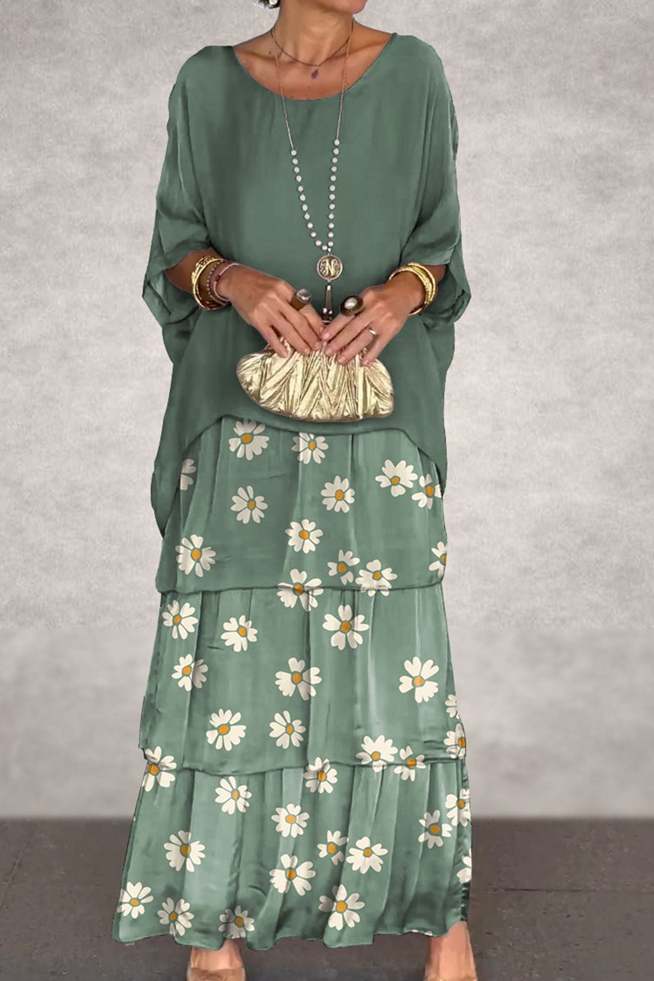 Fudus Batwing Sleeve Top and Layered Skirt Suit