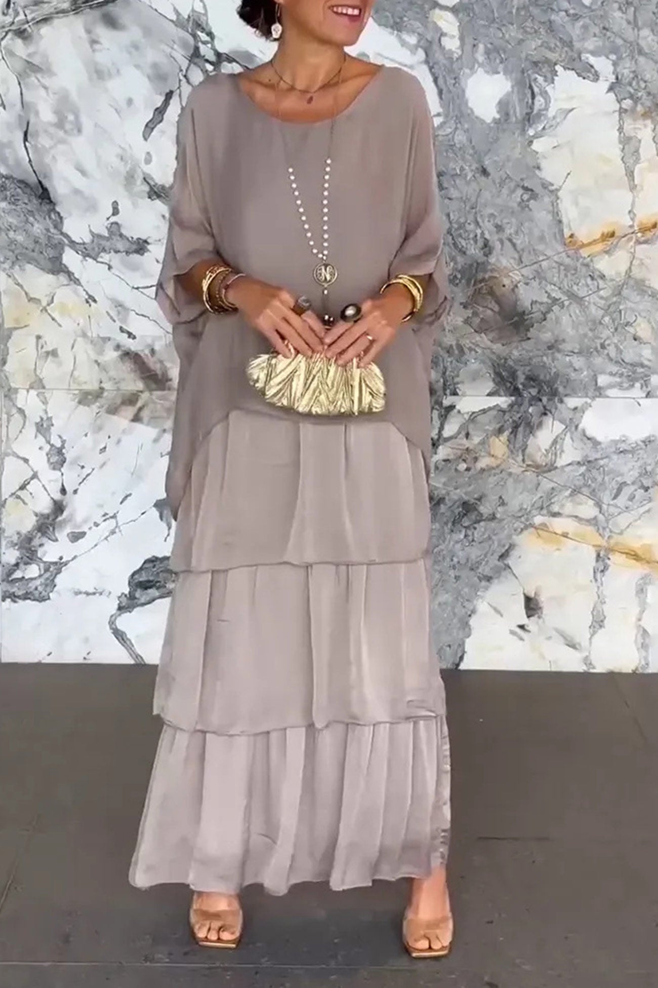 Fudus Batwing Sleeve Top and Layered Skirt Suit