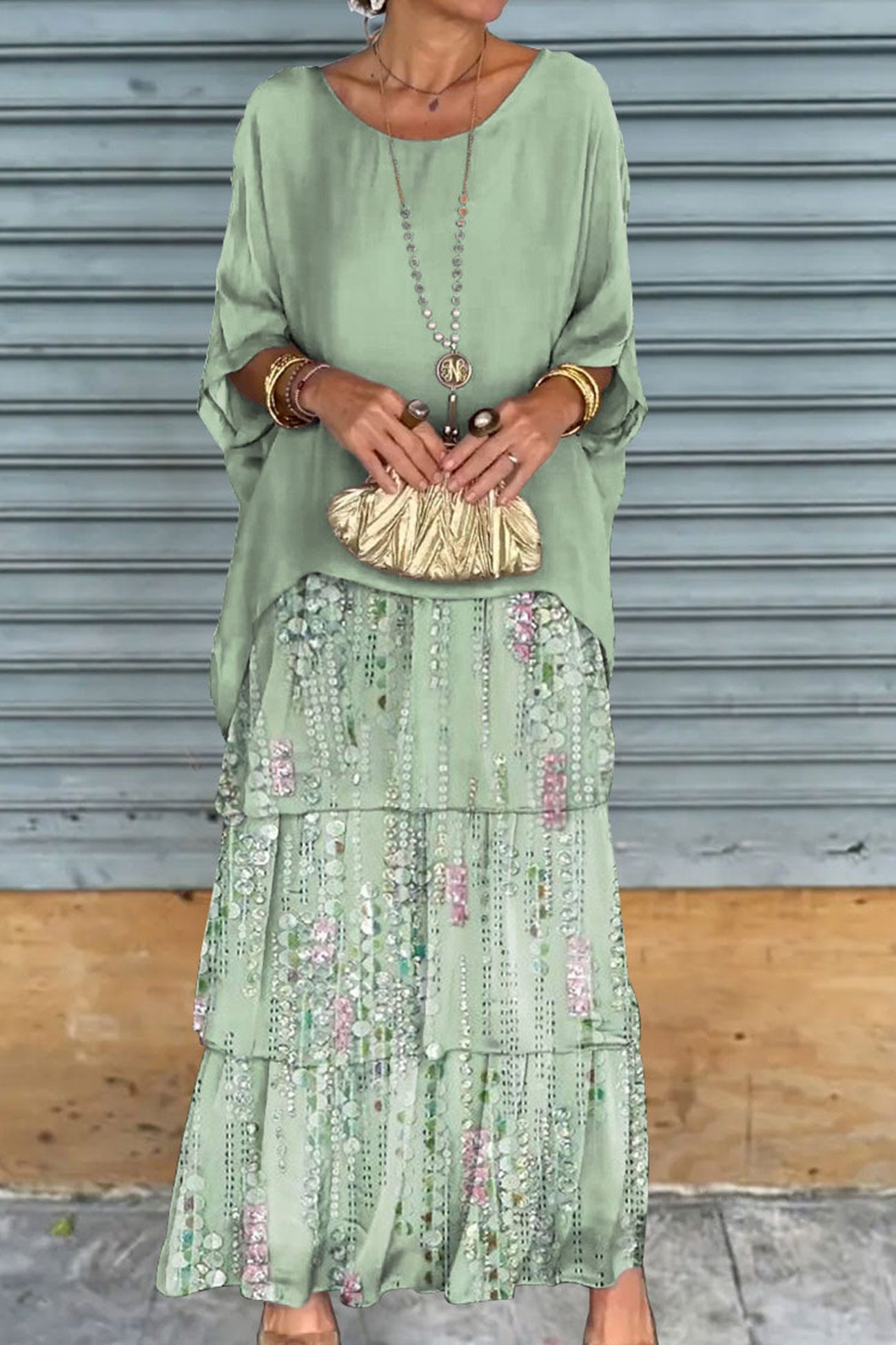 Fudus Batwing Sleeve Top and Layered Skirt Suit