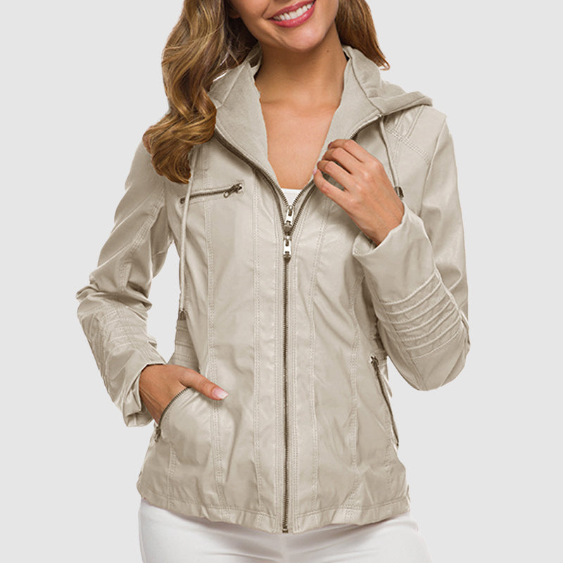 Stilvolle Reilena Lederjacke mit Kapuze, warmem Futter und elegantem Design.