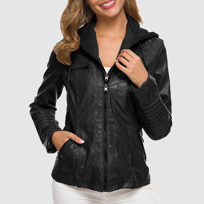 Stilvolle Reilena Lederjacke mit Kapuze, warmem Futter und elegantem Design.