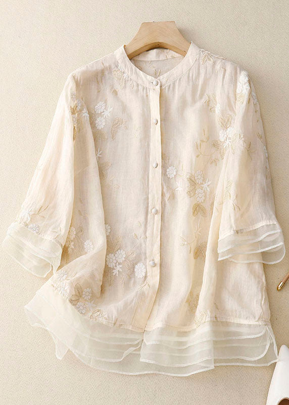 Floriane | Damen Bluse Blumenstickerei Rundhals Chiffon
