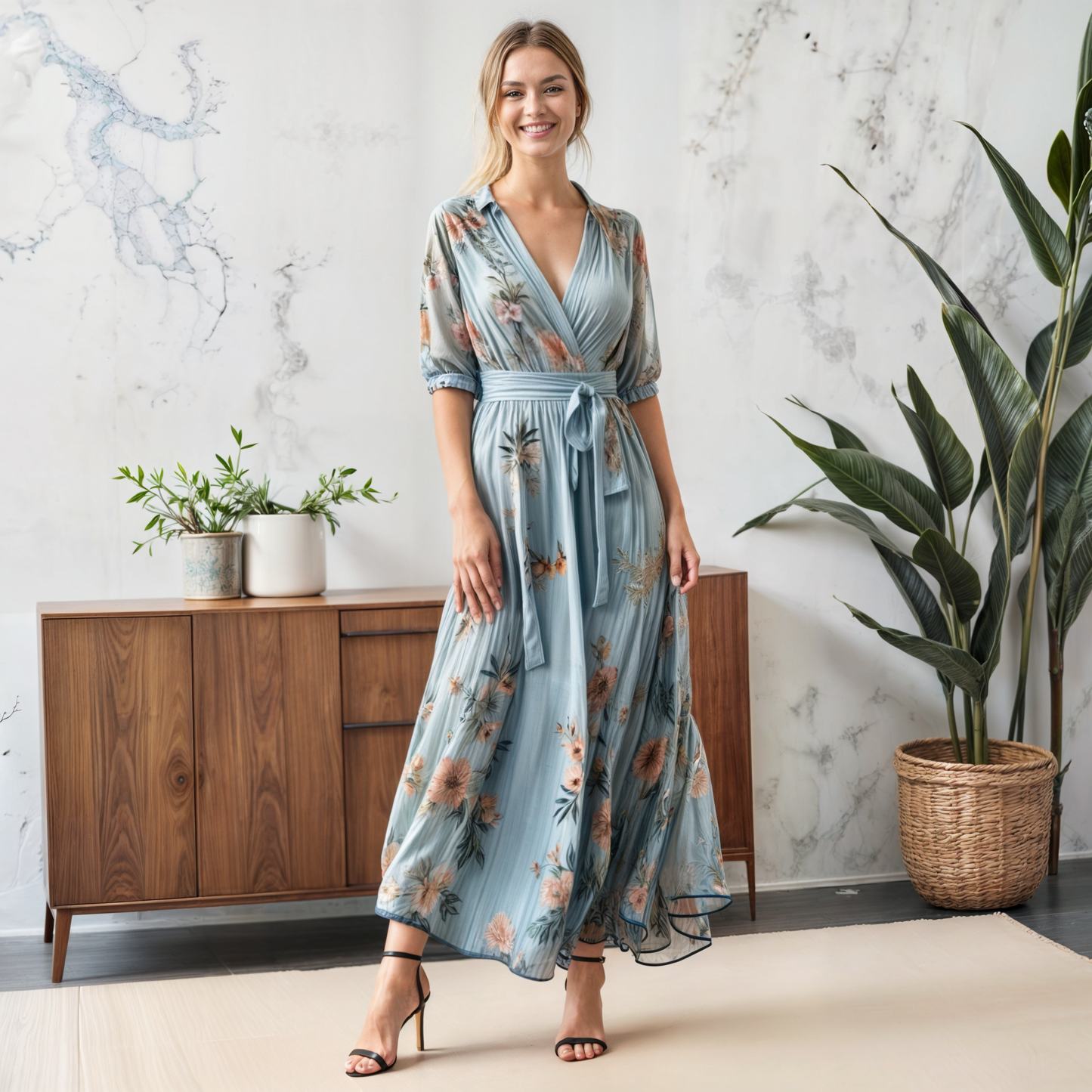 KROHN-E Damen V-Ausschnitt Midi-Kleid Fließend Sommerkleid Blau