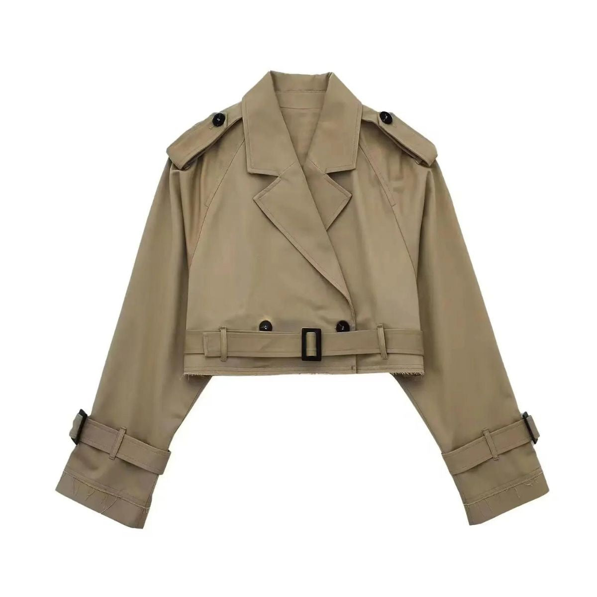 Krohn-e | Damen - kurze beige Jacke mit doppelten Knöpfen und Gürtel für einen stilvollen Look