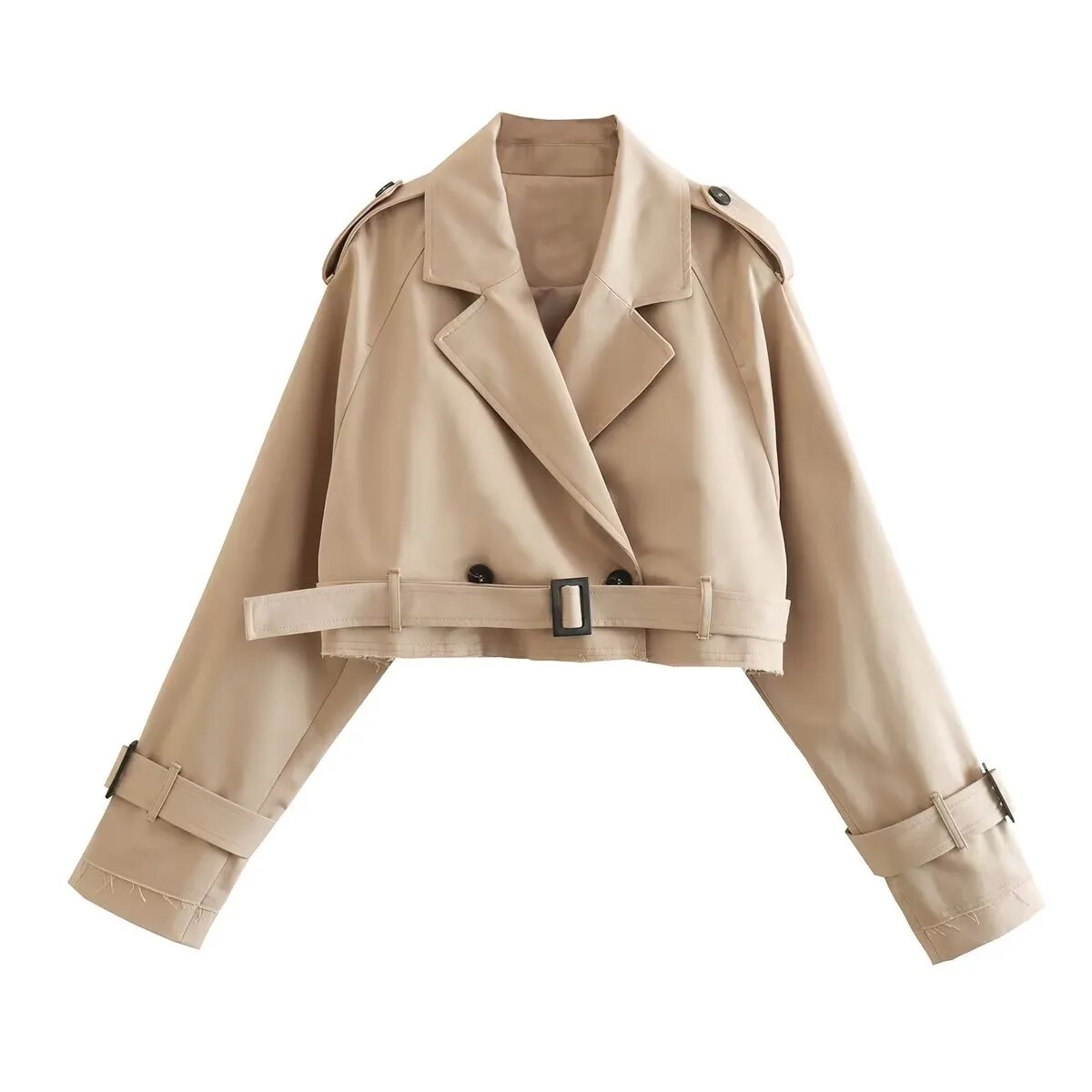 Krohn-e | Damen - kurze beige Jacke mit doppelten Knöpfen und Gürtel für einen stilvollen Look