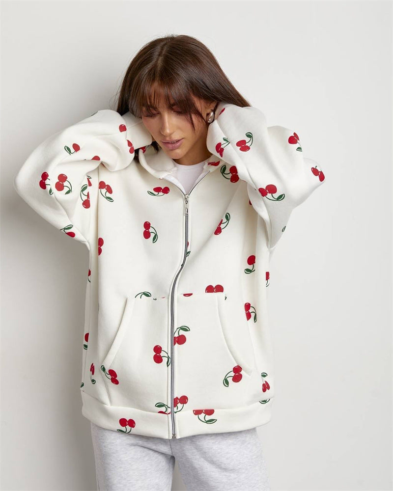 Krohn-e | Damen Sweatshirt mit Kapuze und Reißverschluss mit Kirschdruck