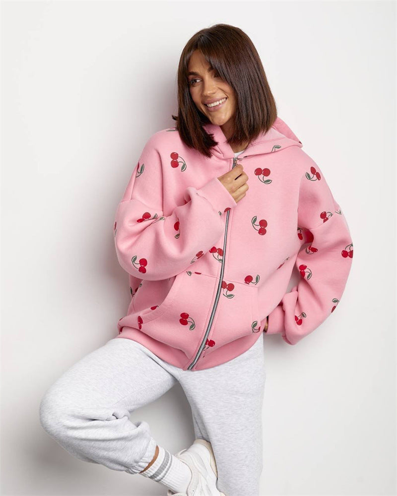 Krohn-e | Damen Sweatshirt mit Kapuze und Reißverschluss mit Kirschdruck
