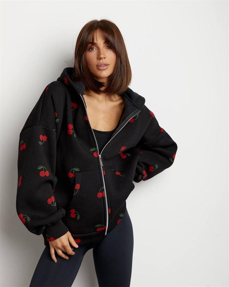 Krohn-e | Damen Sweatshirt mit Kapuze und Reißverschluss mit Kirschdruck