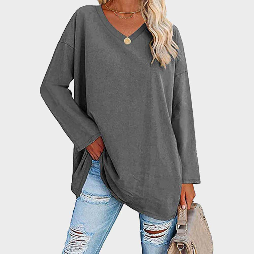 Loree | Damen Longshirt V-Ausschnitt Langarm Übergroß Oberteil