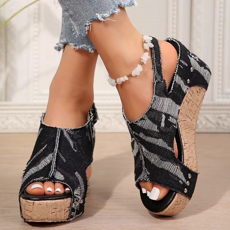 KROHN-E Damen Keilabsatz-Sandalen Kork Denim Verstellbare Riemen
