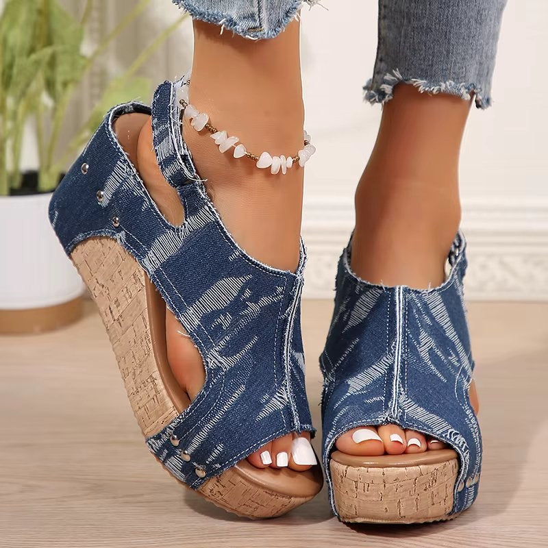 KROHN-E Damen Keilabsatz-Sandalen Kork Verstellbare Riemen Gepolstert
