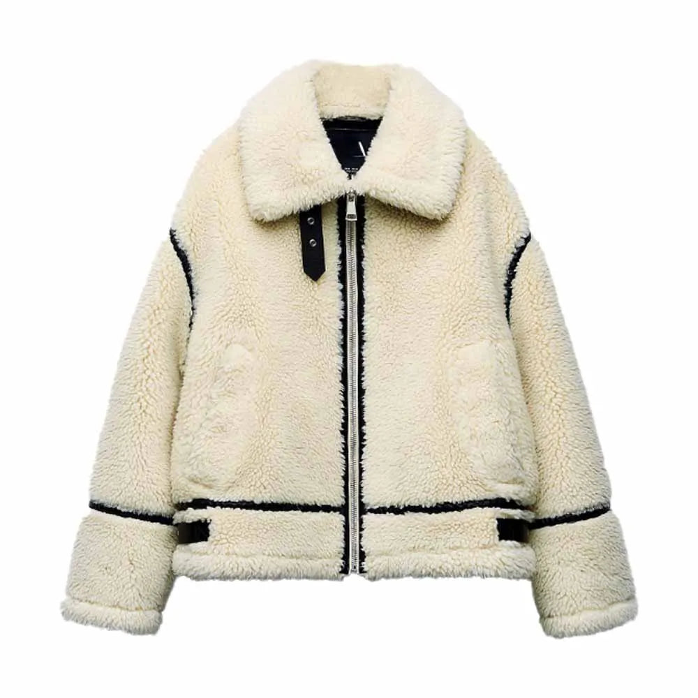 Krohn-e | Oversized Teddyjacke - Kontrastbesatz Hoher Kragen Jacke