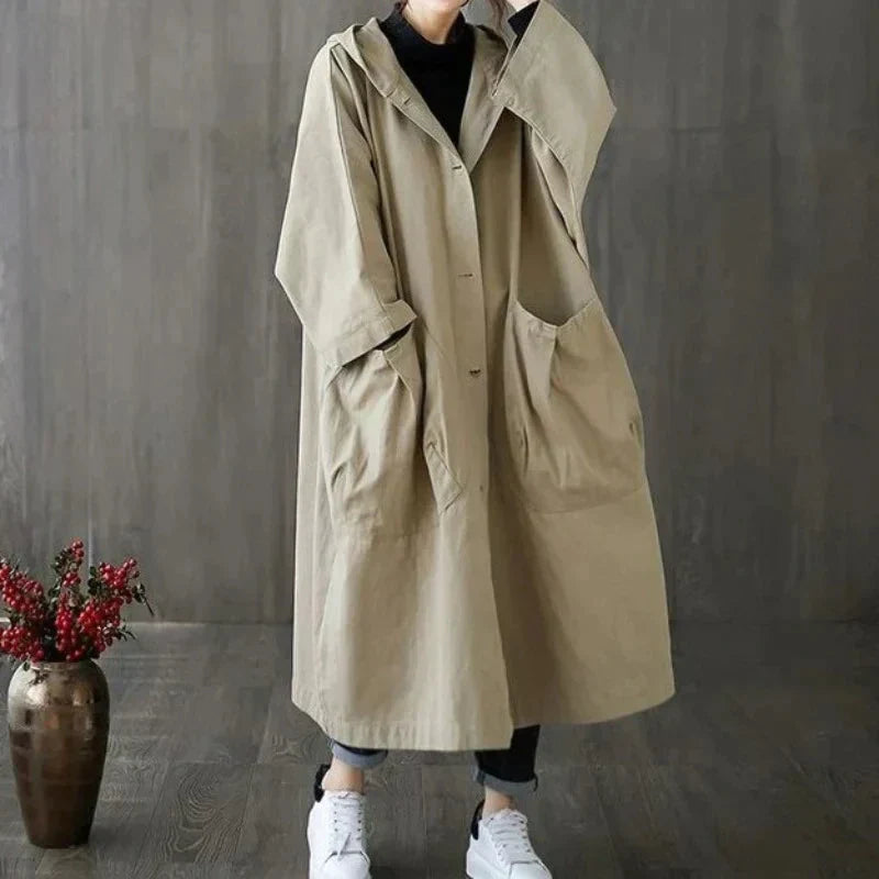 Krohn-e | Trenchcoat - Langer Oversized-Schnitt - Große Seitentaschen - Kapuze und Knopfverschluss