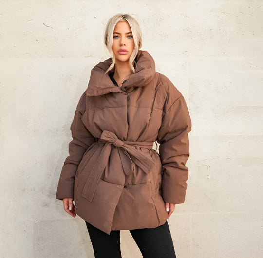 Krohn-e | Gürtelte Pufferjacke Übergröße Kragen Wintermantel