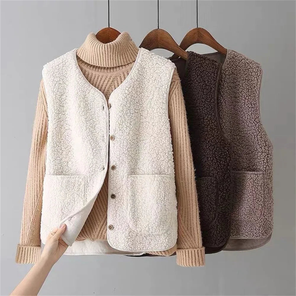 KROHN-E Damen Weste Knopfverschluss Beige Winter Layering