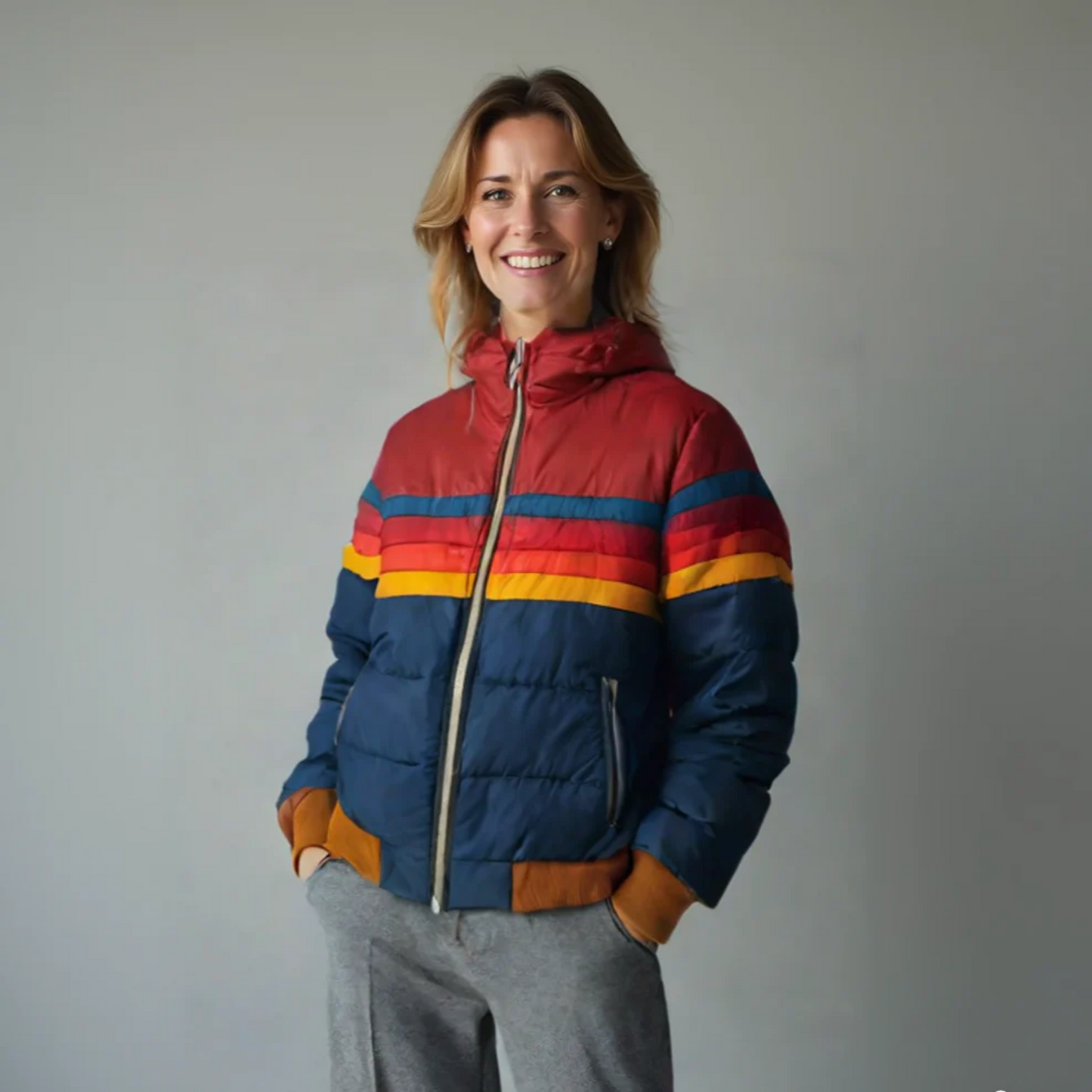 KROHN-E Damen Retro Zip-Jacke Regenbogen-Streifen Bunt