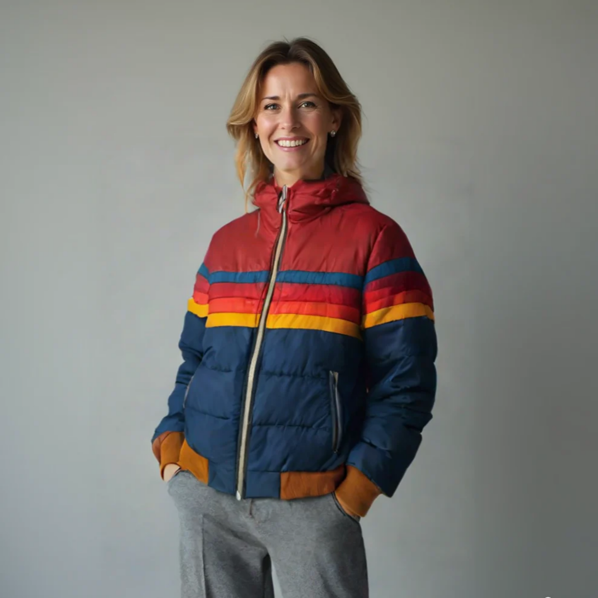 KROHN-E Damen Retro Zip-Jacke Regenbogen-Streifen Bunt