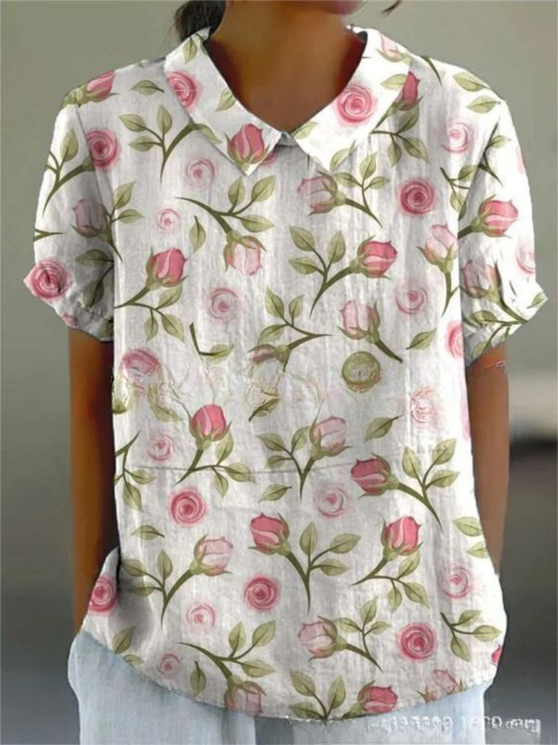 Hannelore | Damen Bluse Wiesenblumen Bubikragen Kurzarm