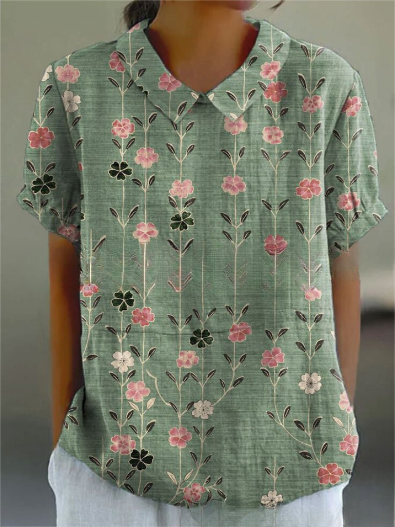 Hannelore | Damen Bluse Wiesenblumen Bubikragen Kurzarm