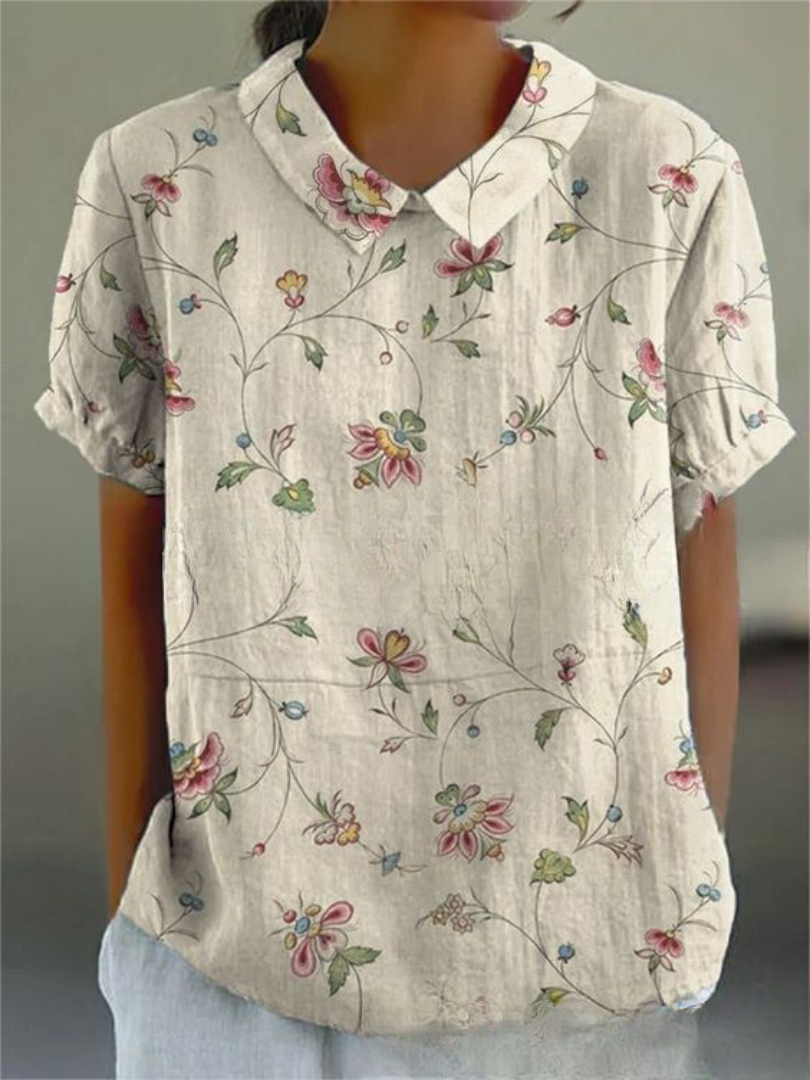 Hannelore | Damen Bluse Wiesenblumen Bubikragen Kurzarm