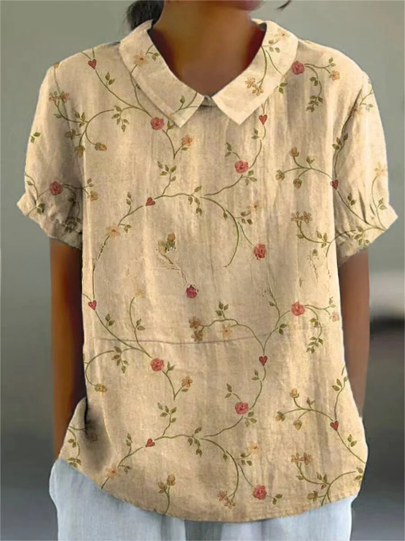 Hannelore | Damen Bluse Wiesenblumen Bubikragen Kurzarm