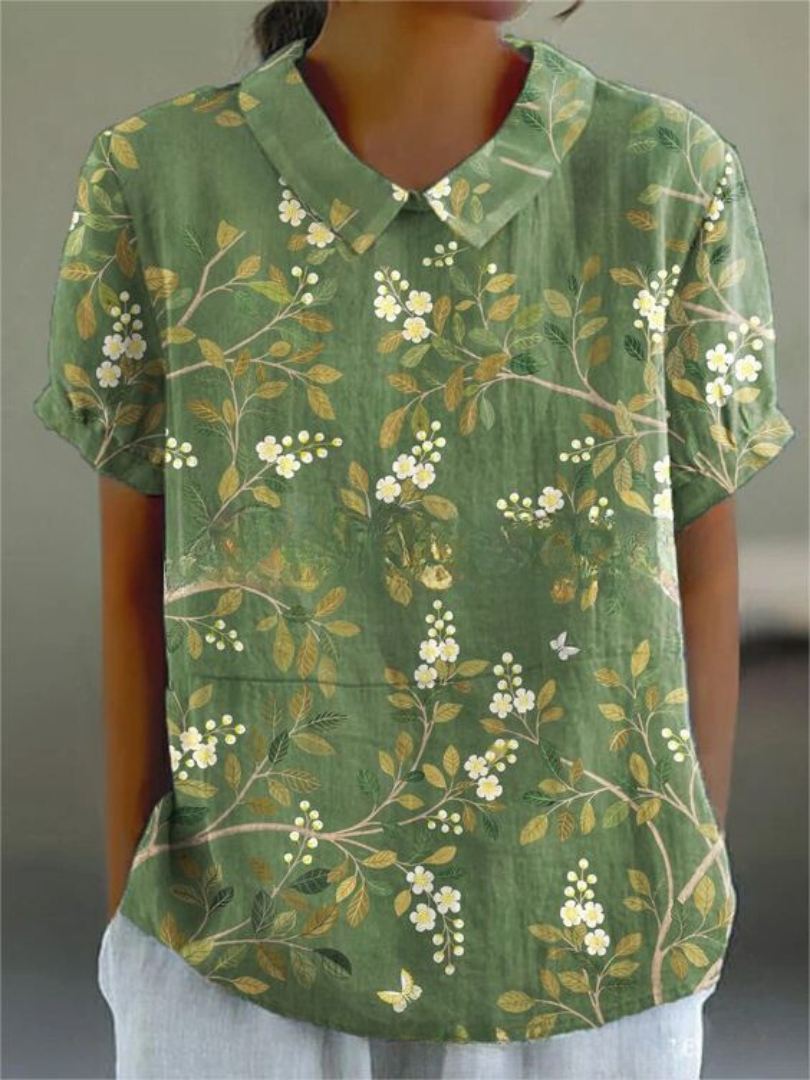Hannelore | Damen Bluse Wiesenblumen Bubikragen Kurzarm