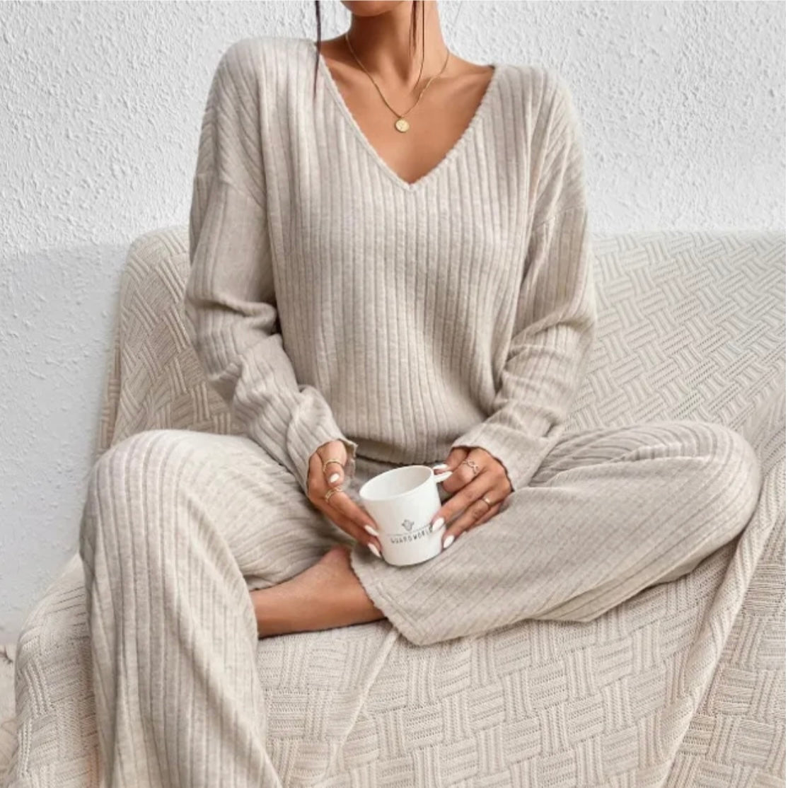 KROHN-E Damen Strick Zweiteiler Set Entspannt Beige