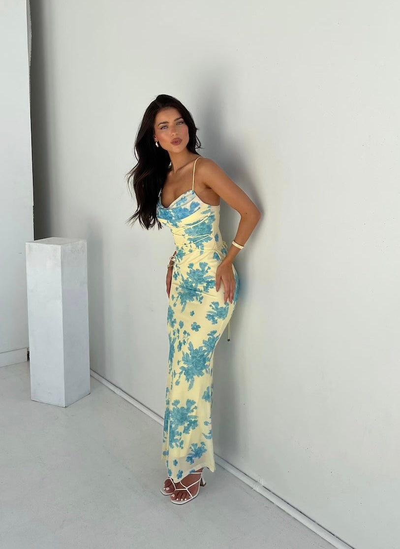 KROHN-E Damen Maxi-Kleid Blumenmuster Ärmellos Fließend