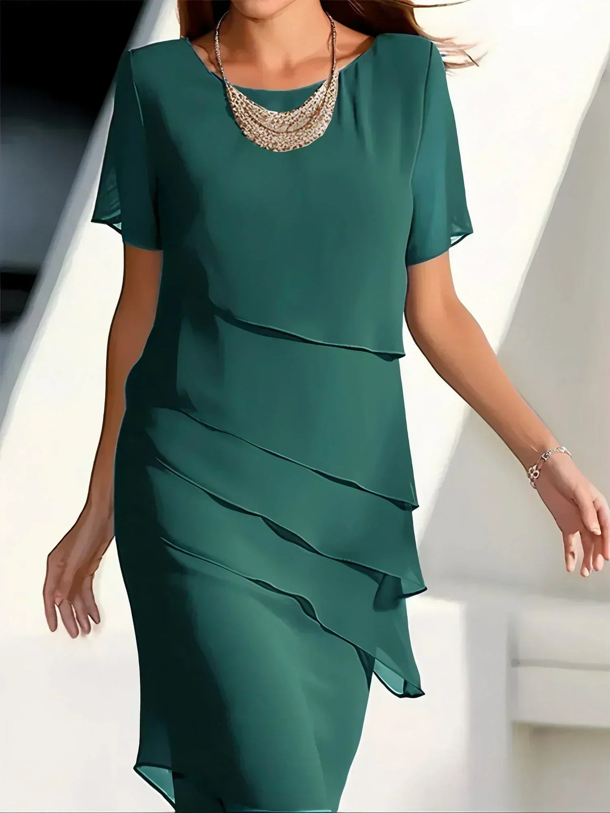 Grace | Damen Elegantes Kleid Kurzarm Chiffon Lagen-Look
