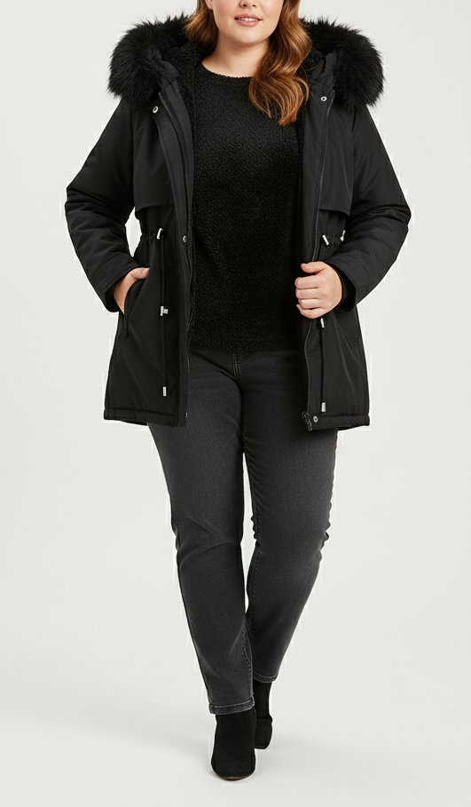 Damen Parka mit Fellkapuze & Verstellbarer Taille | Große Größen