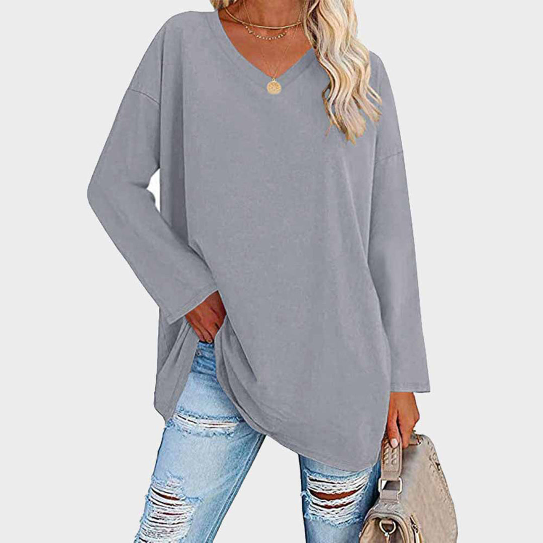 Loree | Damen Longshirt V-Ausschnitt Langarm Übergroß Oberteil