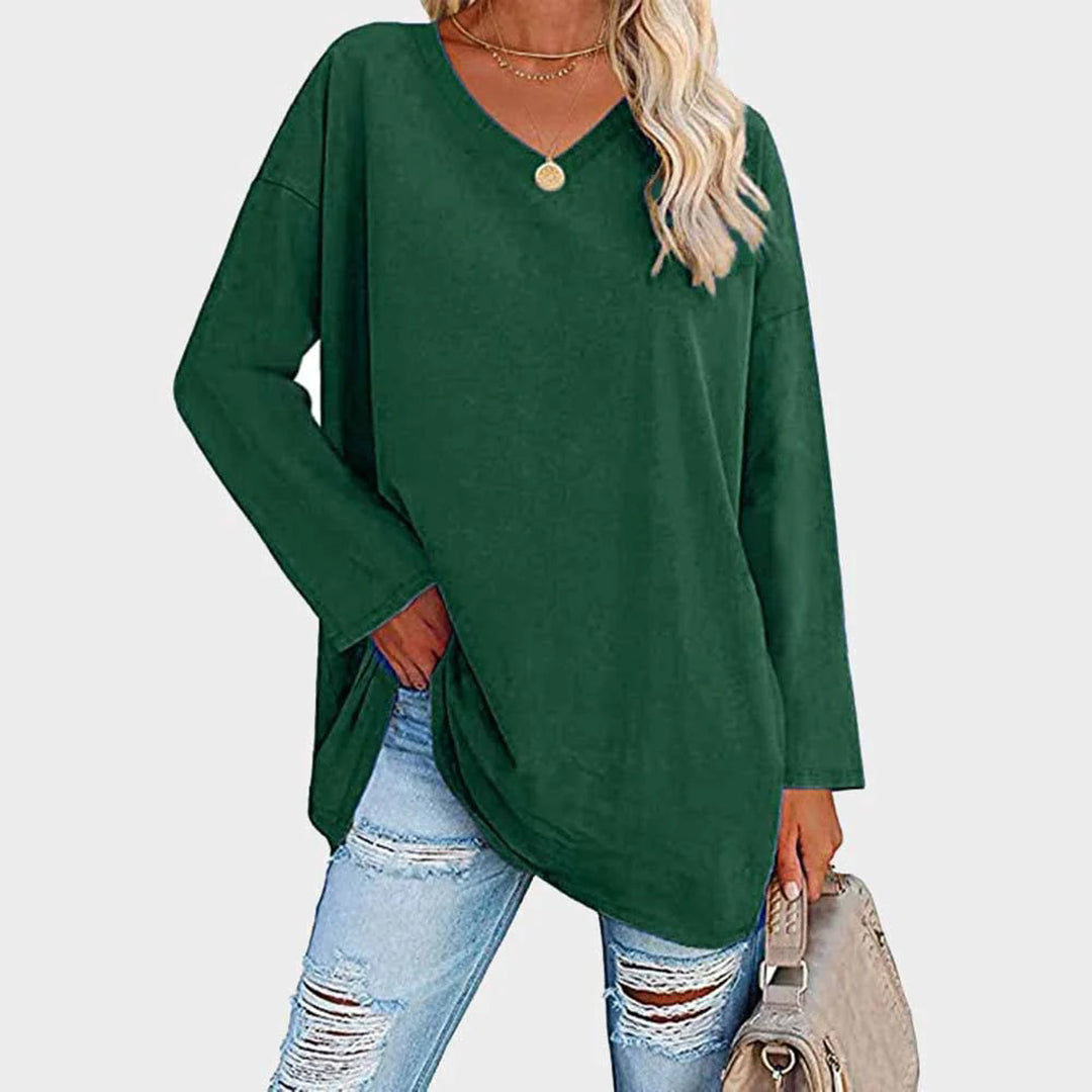 Loree | Damen Longshirt V-Ausschnitt Langarm Übergroß Oberteil