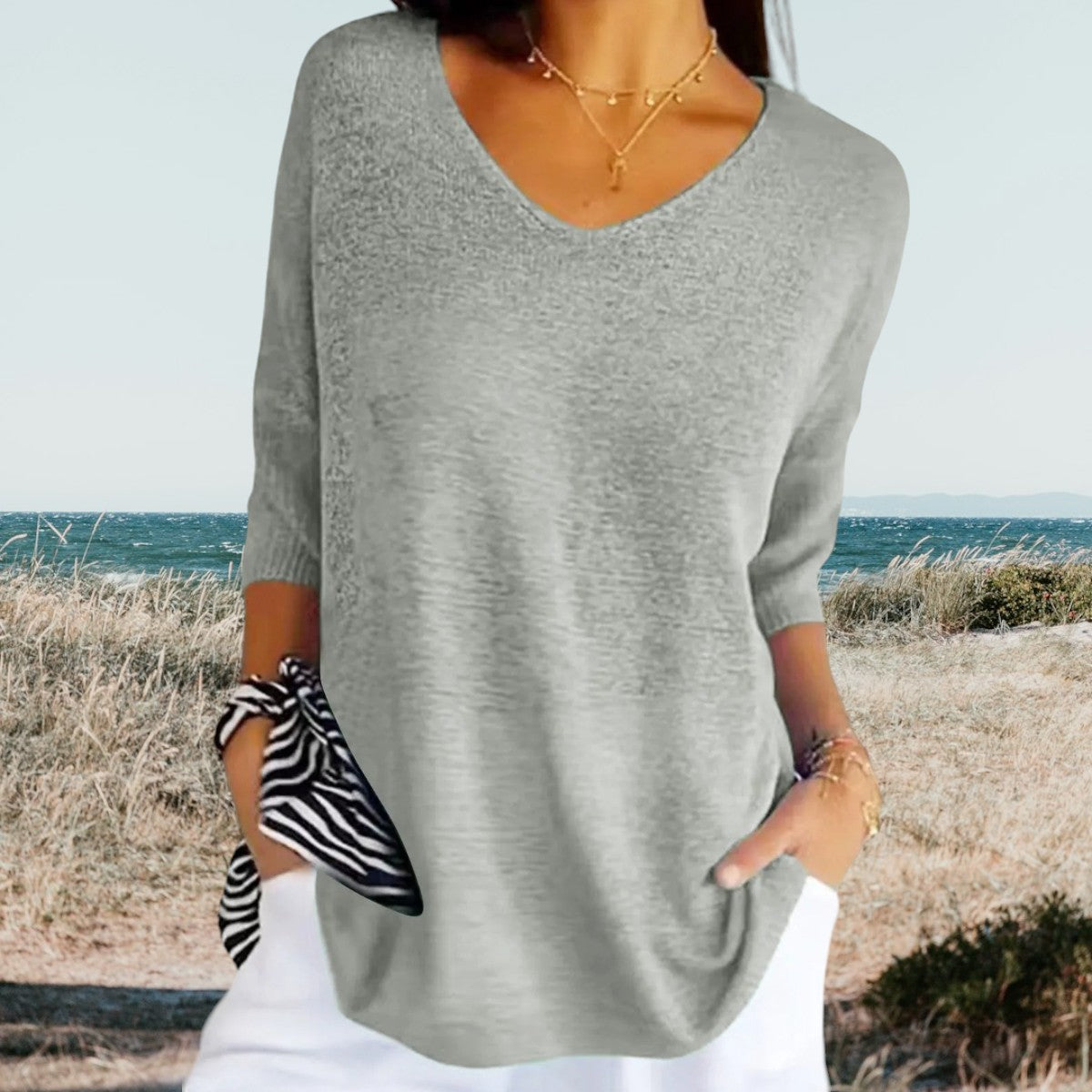 Greta | Damen pullover 3/4 Arm V-Ausschnitt Übergroß