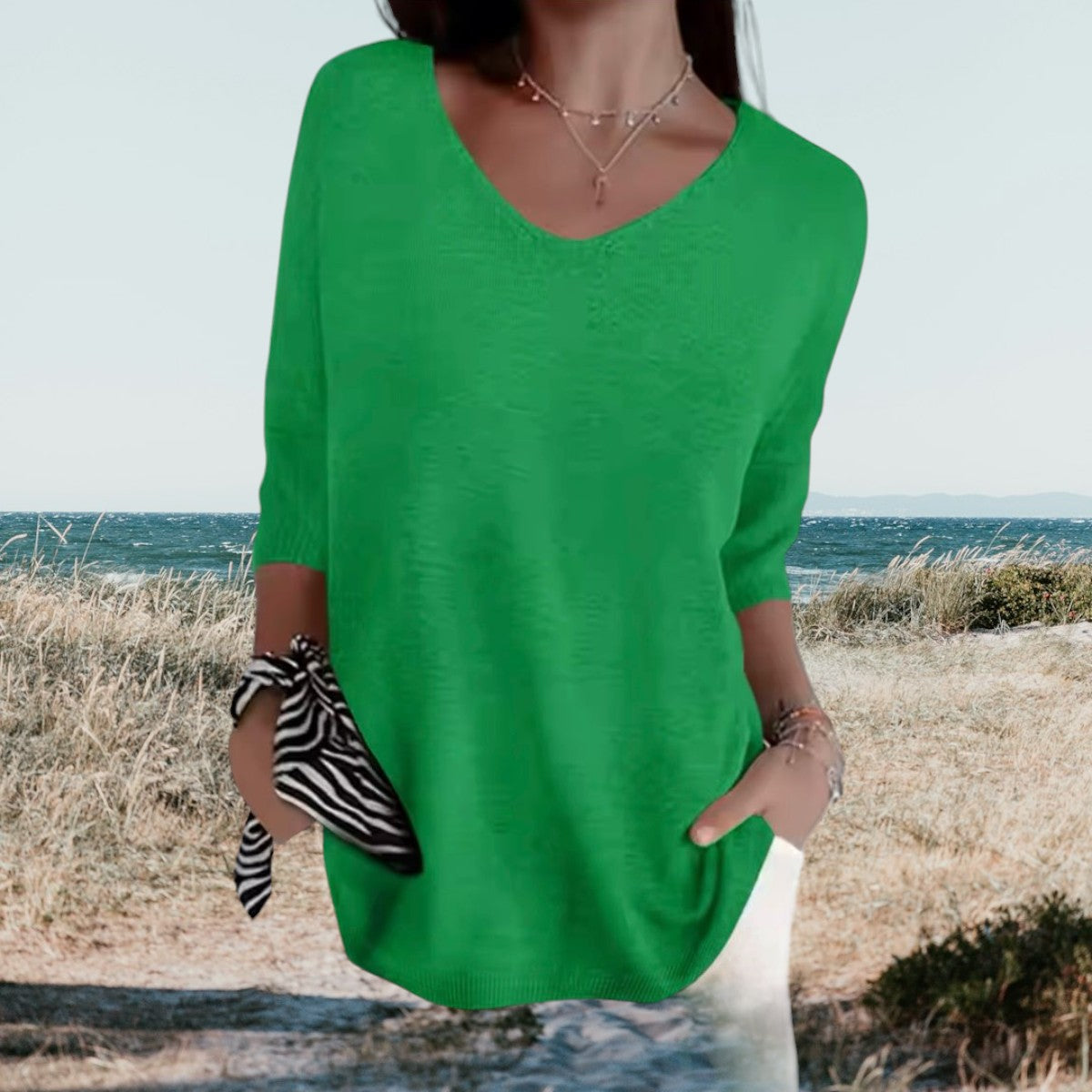Greta | Damen pullover 3/4 Arm V-Ausschnitt Übergroß