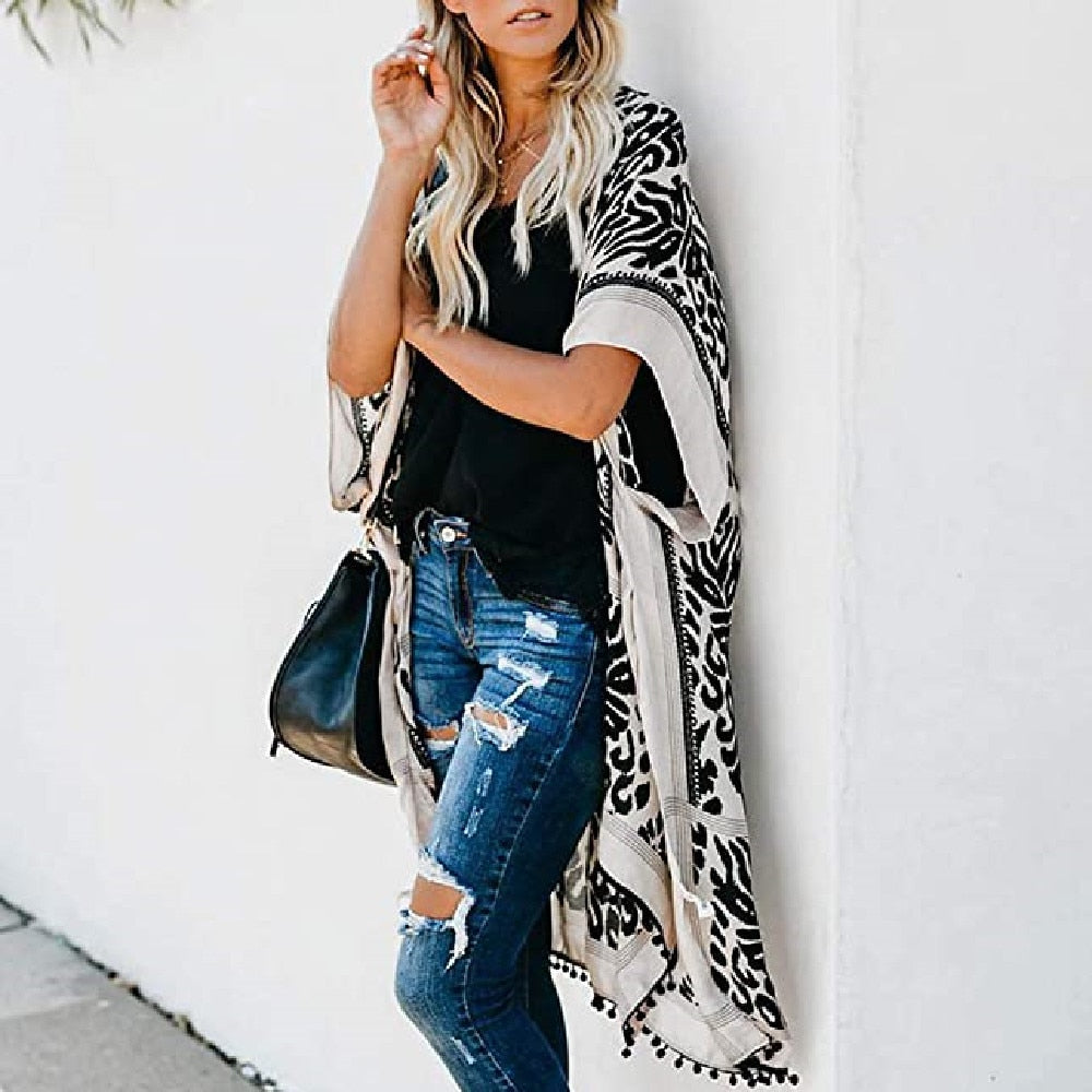 Fiona Kimono: Bohemian Style, Leaf Print, Fringed Detail
