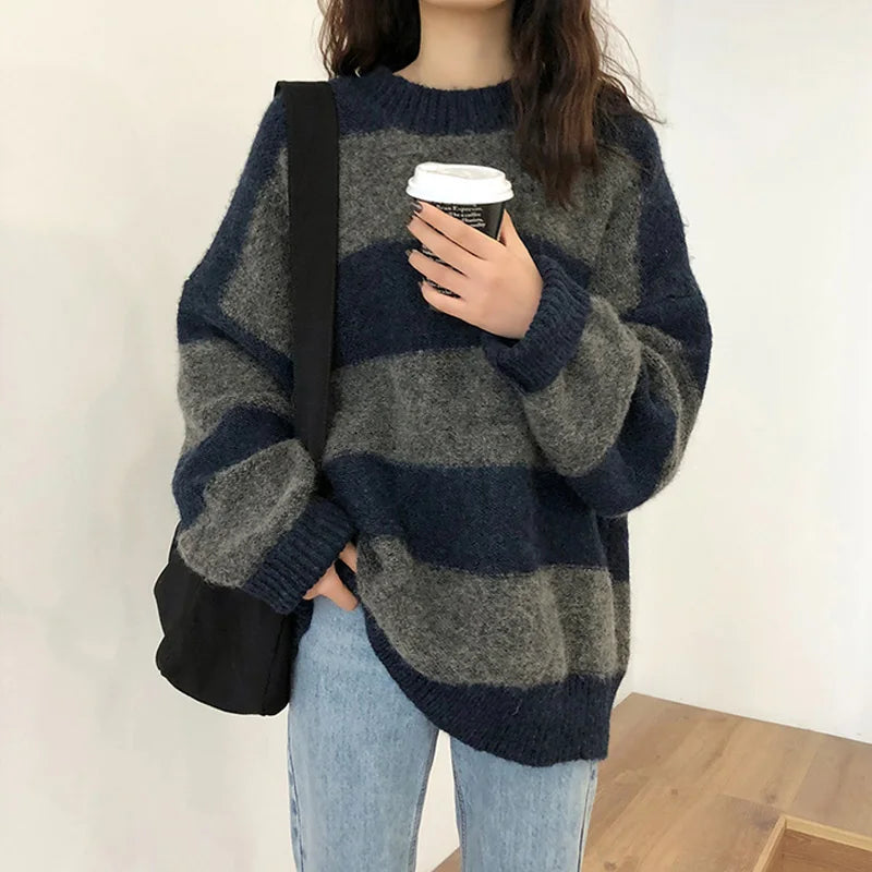 Krohn-e | Pullover - Damen Herbst Übergröße Gestreifter Strickpullover