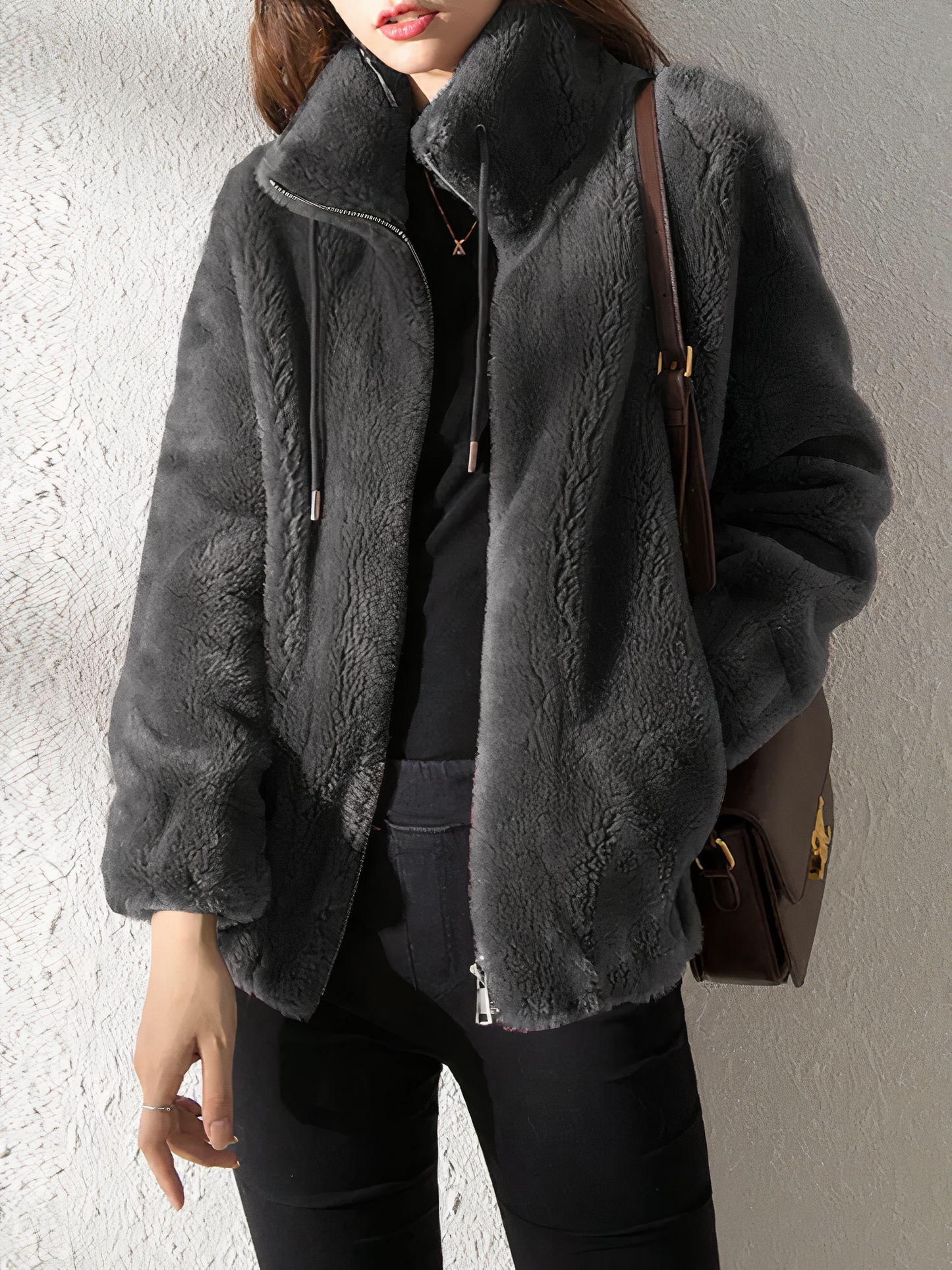 Krohn-e | Teddy Fleece Jacke - Weiches Kunstfell - Hoher Kragen - Reißverschluss - Lässige Passform