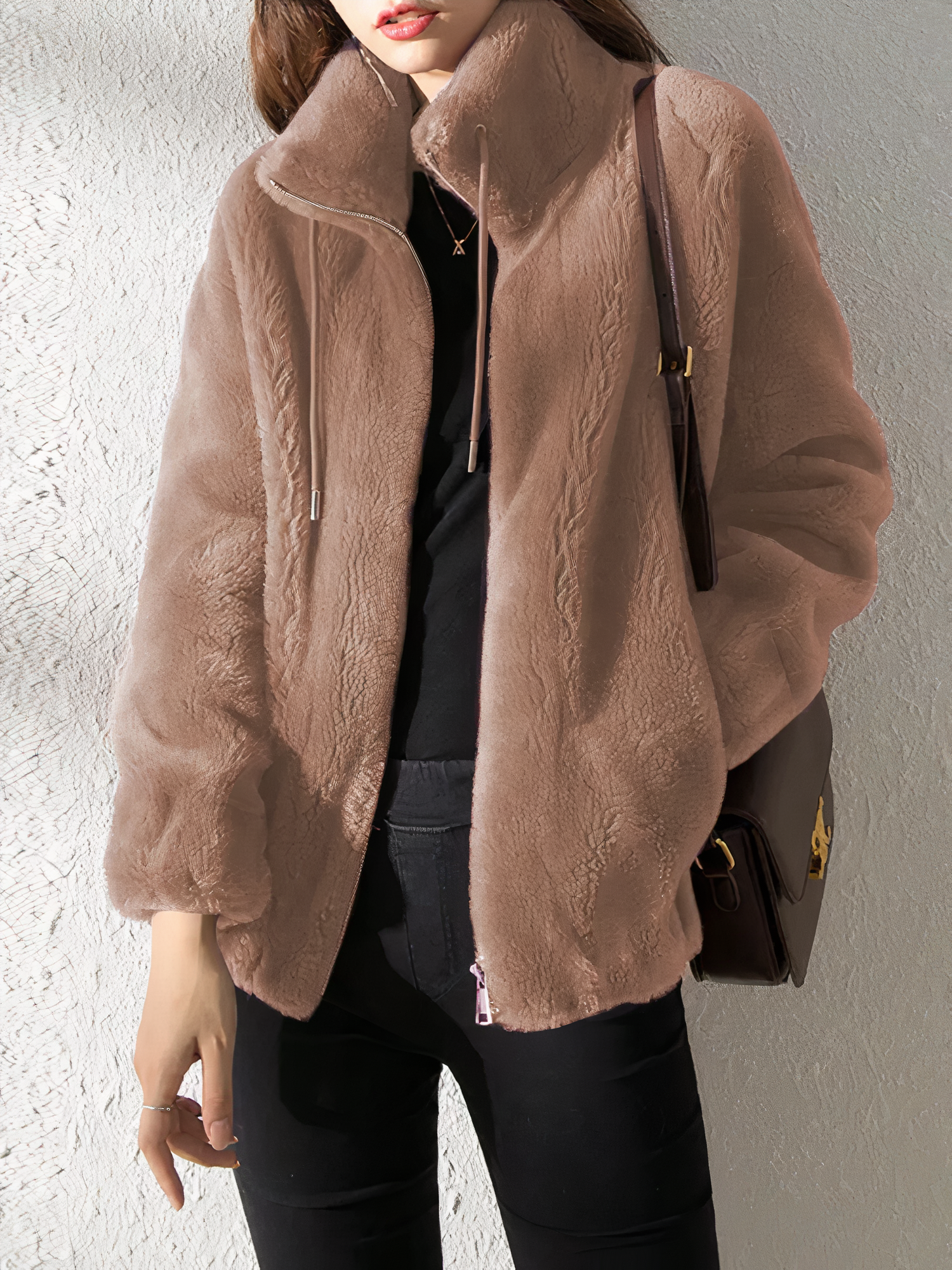 Krohn-e | Teddy Fleece Jacke - Weiches Kunstfell - Hoher Kragen - Reißverschluss - Lässige Passform