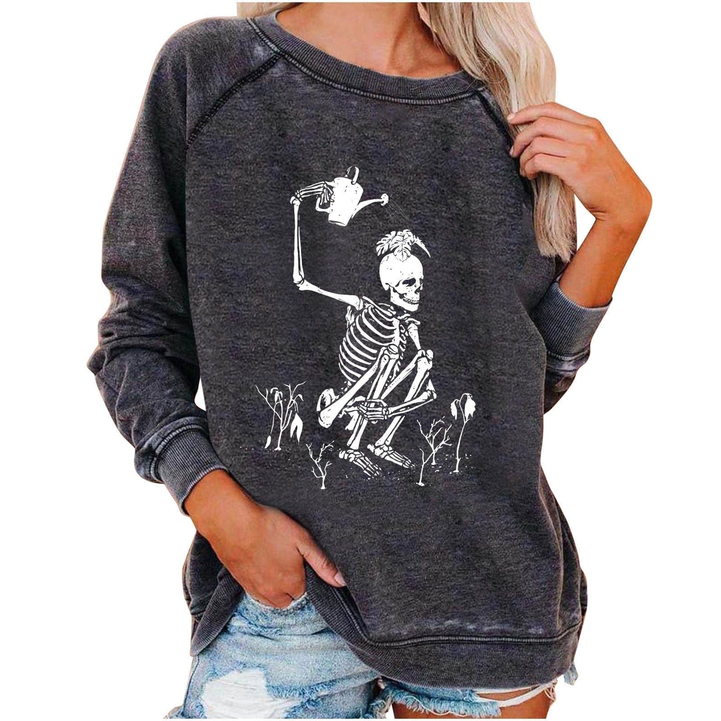Frauen Sweatshirt mit lustigem Totenkopf-Print für Halloween von Fudus
