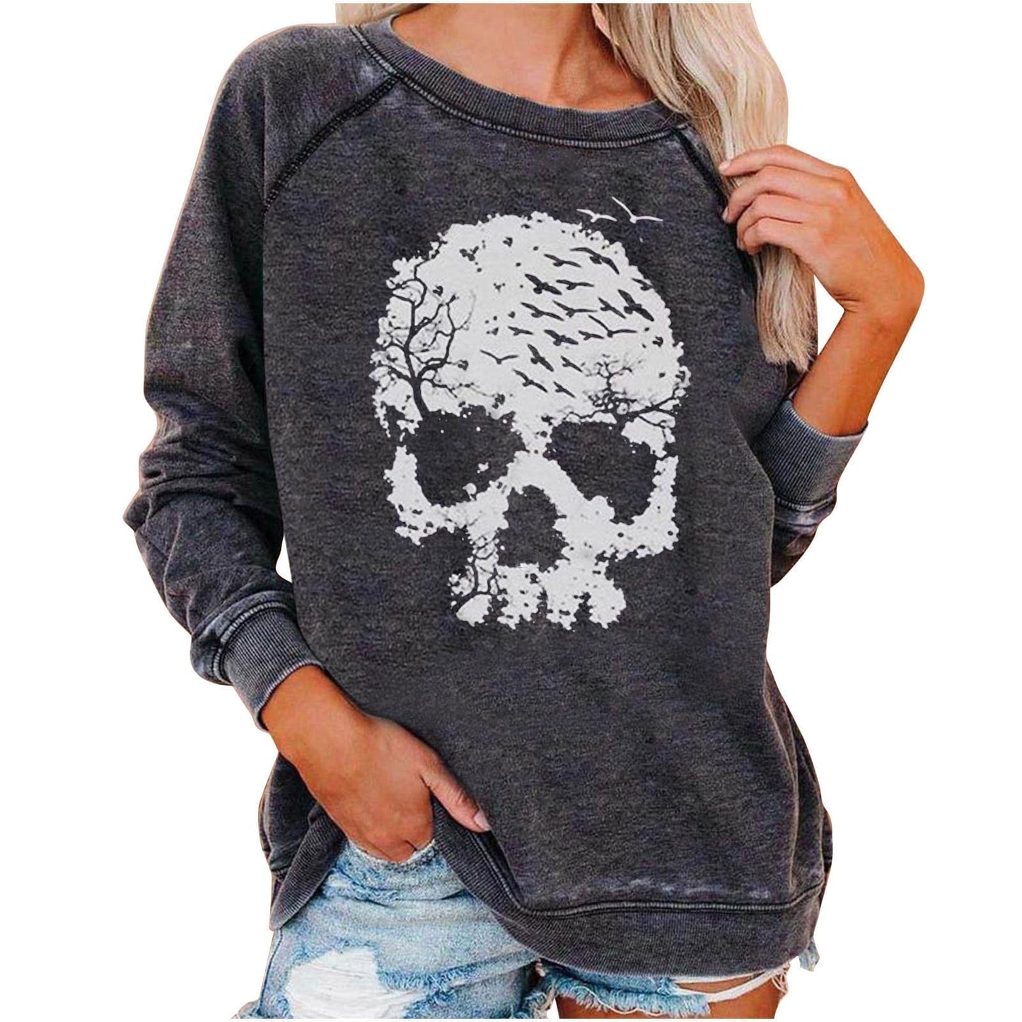 Frauen Sweatshirt mit lustigem Totenkopf-Print für Halloween von Fudus