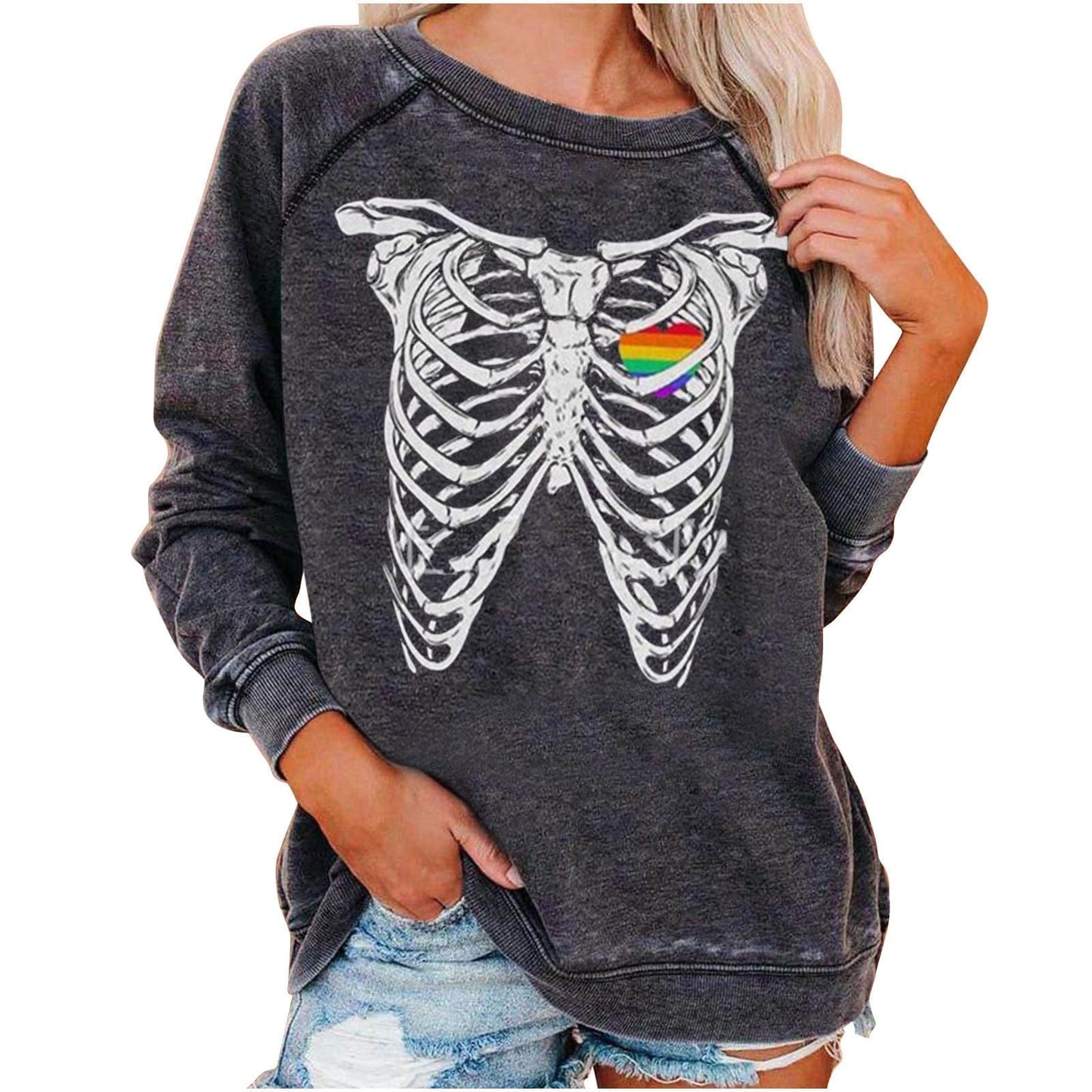 Frauen Sweatshirt mit lustigem Totenkopf-Print für Halloween von Fudus