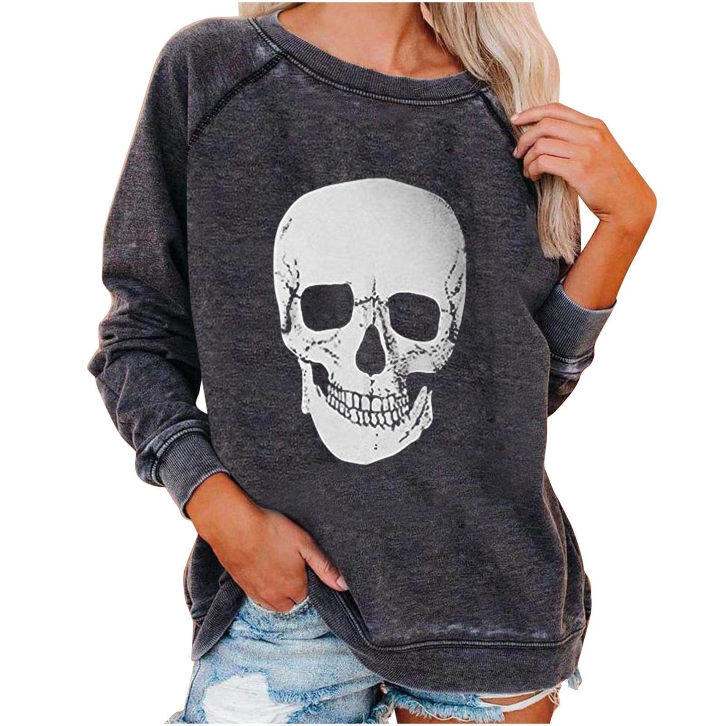 Frauen Sweatshirt mit lustigem Totenkopf-Print für Halloween von Fudus