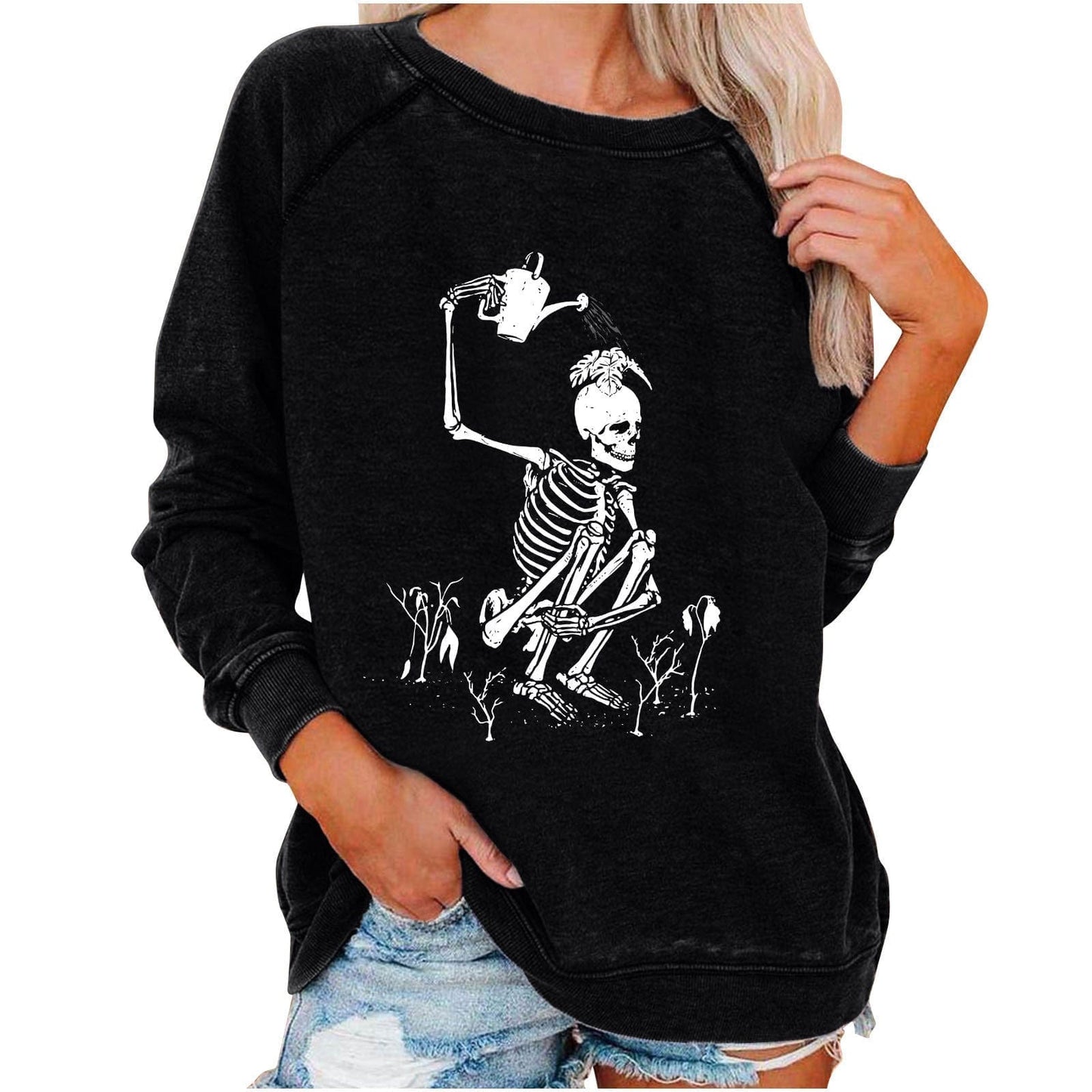 Frauen Sweatshirt mit lustigem Totenkopf-Print für Halloween von Fudus